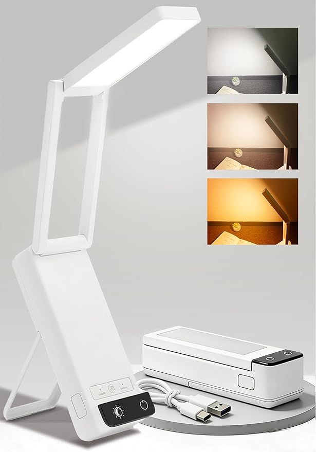 EZVALO Rechargeable Desk Lamp, 6000mAh Battery Wireless Light, Cordless Table Lamp for Book Reading, Foldable Mini Lamps & Portable, 3 Color Dimmable Small Light for Bed, Nail Light, Craft, White