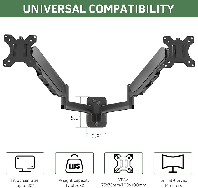 Dual Monitor Wall Mount, Double Monitor Wall Stand for Two 17-32 inch Flat Computer Screens, Height Adjustable Gas Spring Mounted Bracket Arms Hold up to 17.6lbs, VESA 75/100