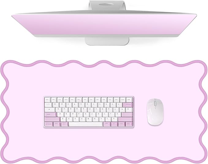 Leather Desk Mat, XXL Large 31.4x15.7in Scalloped Gaming Mouse pad，Non-Slip Rubber Base Keyboard Pad Mousepad for Laptop Computer Game Home Office，Waterproof and Oilproof Desktop Mat I Pink