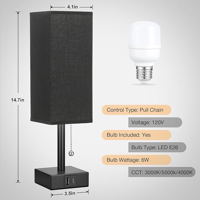 Black Small Table Lamp for Bedroom - 3 Color Temperature 3000K 5000K 4000K Bedside Lamp, Pull Chain Control, USB A and C Charging Ports, Black Base, for Kids Office Dorm Nightstand, Bulb Included