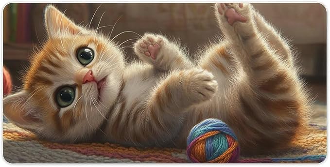Large Ergonomic Gaming Mouse Pad Curious Kitten Playtime - Cute Cat Theme with Non-Slip Base Water-Resistant Surface and Stitched Edges 30x60cm