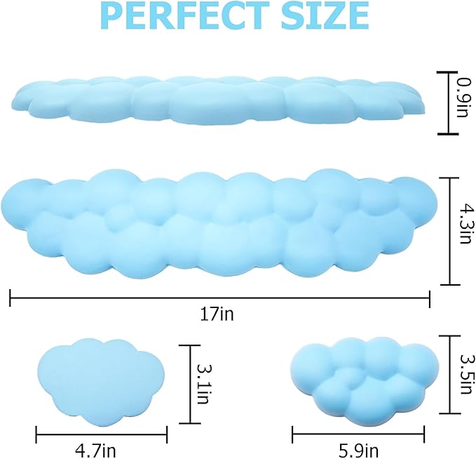 Cloud Wrist Rest Keyboard, PU Leather Memory Foam Wrist Support for Computer Keyboard, Ergonomic Keyboard Pad and Cute Mouse Wrist Pad for Gaming, Office, Computer, Easy Typing, Sky Blue