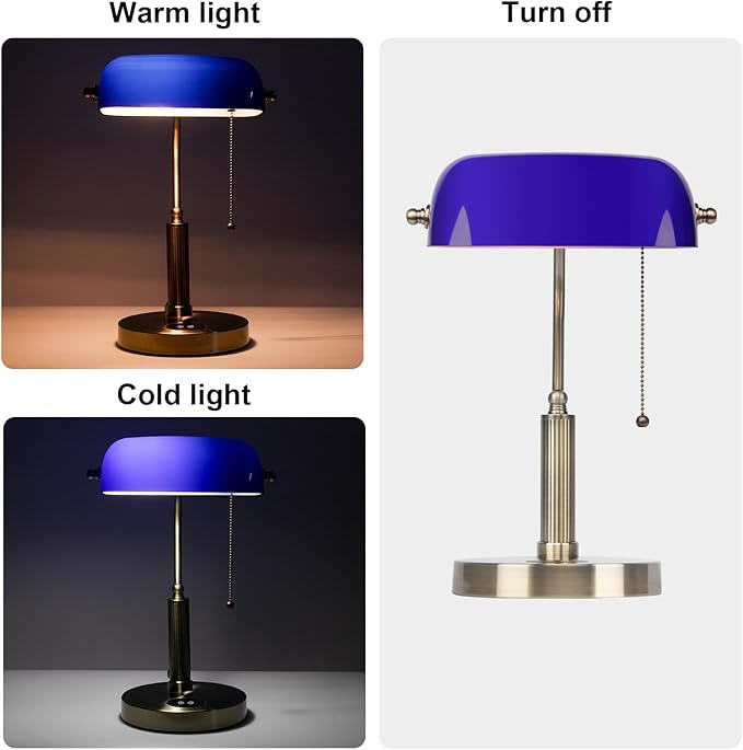 FIRVRE Bankers Lamp with2 USB and Wireless Charging Port，Pull Chain Switch Blue Glass Desk Lamp， E26 Base,Traditional Library Desk Lamps for Home Office,Bedroom,Piano