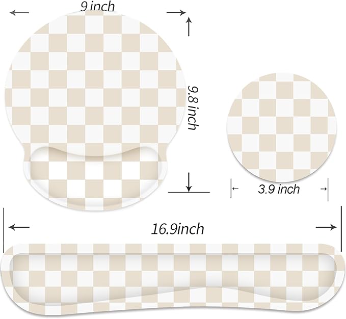 Ergonomic Mouse Pad with Wrist Rest and Keyboard Wrist Rest, Mousepad and Keyboard Pad, Non-Slip Rubber Base, Mouse Pad with Wrist Support for Gaming, Computer, Office, Beige Checkered
