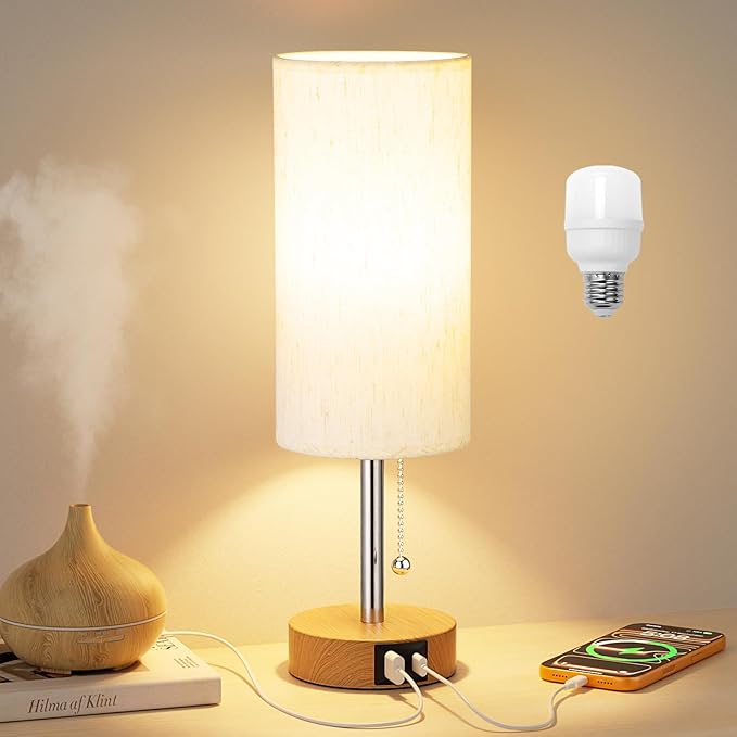 Small Table Lamp for Bedroom Nightstand - Bedside Lamp with USB A + C Charging Port, 3 Color Temperatures Pull Chain Night Stand Light, Wood Base Desk Reading Lamp for Class Room/Nursey