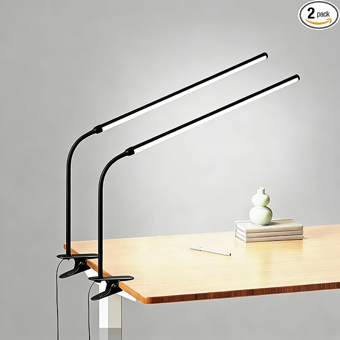 2 Pack LED Desk Lamp with Clamp,Dimmable Clip on Light for College Dorm Room,Eye-Friendly Reading Study Lamp for Students,Flexible Gooseneck Bedside Light,Home Office Desk Lights Bedroom
