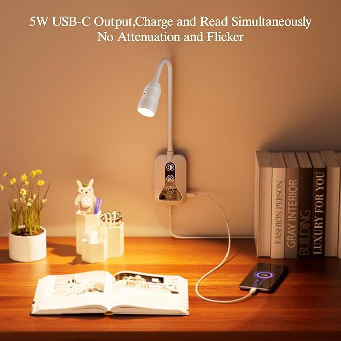 LED Wall Mounted Reading Light with Wave Sensor/Touch Switch, 5 Color & 5 Level Dimmable Touch Book Light for Reading with USB C Charging Port, Eye-Care Bedside Reading Lamp for Bed,Heaboard (White)