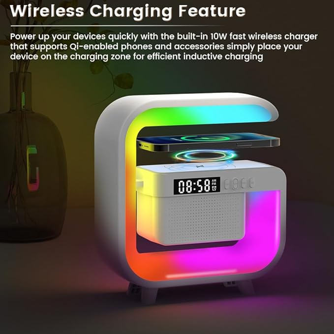 Smart LED Table Lamp, Wireless Charger with 10W Fast Charging and Sunrise Alarm Clock, Bluetooth Speaker Lamp for Bedroom, Office, and Living Room Ambiance