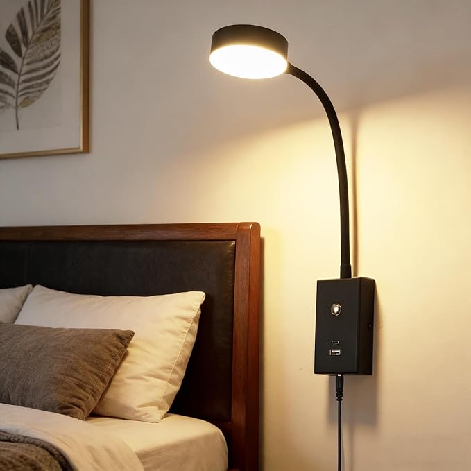 LED Wall Mounted Reading Light for Bed, Flexible Gooseneck Book Light for Wall Bedside Lamp with USB-A/C Output,Touch Control 5 Dimmable Headboard Bed Lights