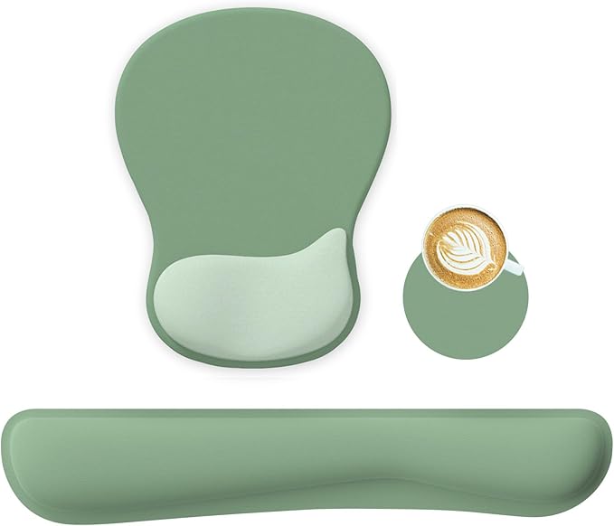 Wrist Rest Support for Mouse Pad Keyboard Set Circle Coaster Gaming Mouse Pad Ergonomic Gel Memory Foam Set for Computer, Laptop, Office, Comfortably Typing Pure Green KM-34