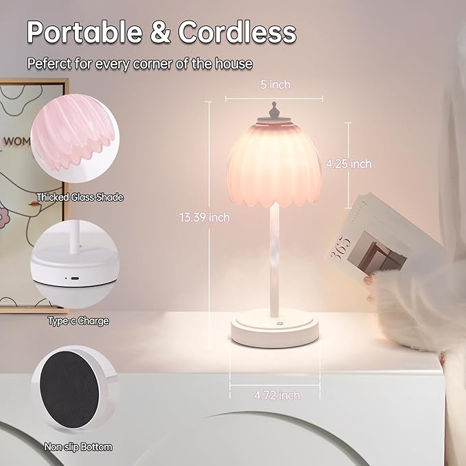 Rechargeable Table Lamp with 5200mAh Battery & Touch Control - 3 Adjustable Color Temperatures, Cordless Dimmable Table Light for Bedroom, Office Desk, Nightstand(Creamy Pink, 1 Pack