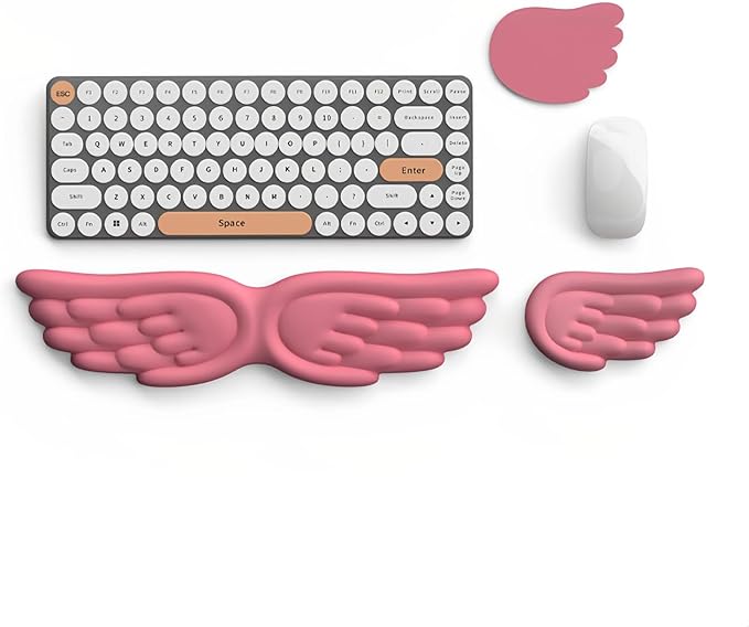 Angel Wing Wrist Rest Ergonomic Memory Foam Wrist Rest for Computer Keyboard Mouse Set with Cup Mat, Cute Gaming Keyboard Cushion Hand Support PU Leather Surface Anti-Slip Waterproof (Rose Red)