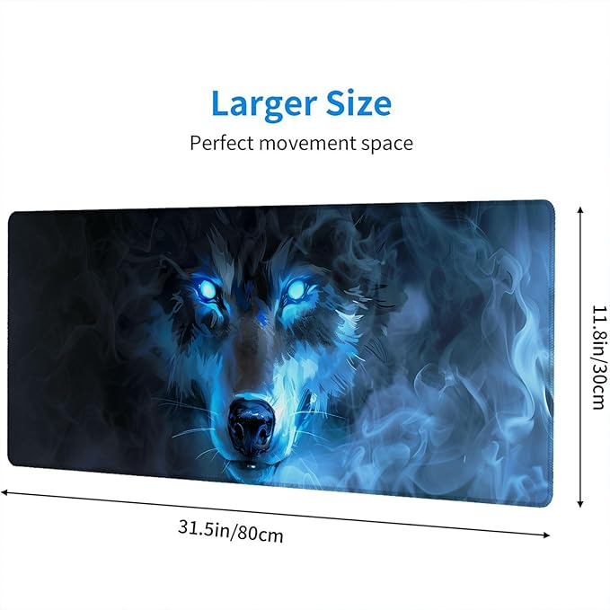 Wolf Gaming Mouse Pad Misty Wolf Blue Eye Cool Animal XL Mouse Pad Large Mousepad Extended Laptop Keyboard Mat Gaming Desk Pad Mouse Mat 31.5"x11.8" Office Computer Keyboard Laptop Home
