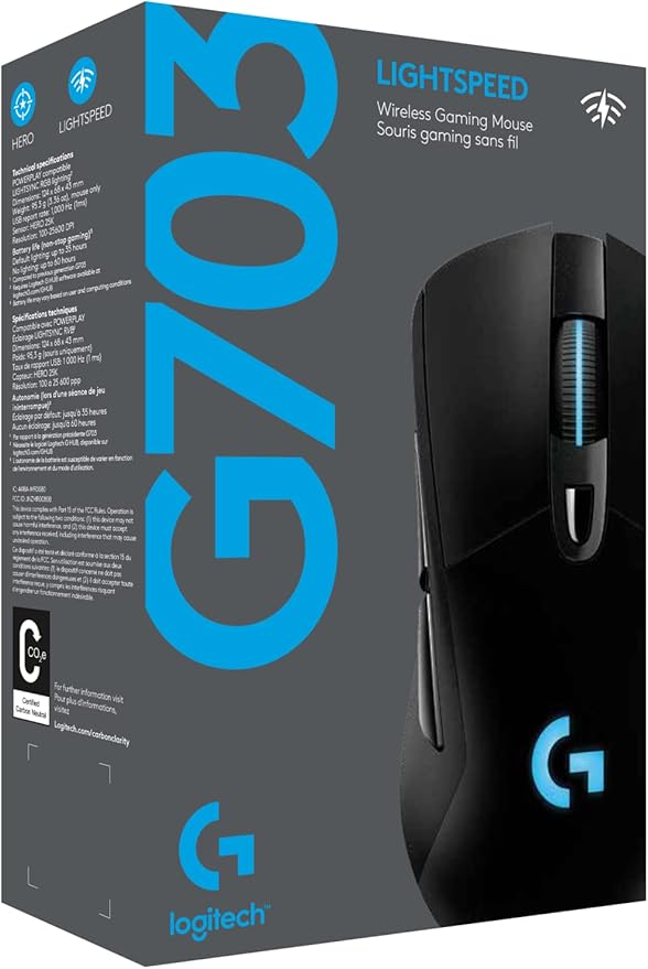 Logitech G703 Lightspeed Wireless Gaming Mouse W/Hero 25K Sensor, PowerPlay Compatible, Lightsync RGB, Lightweight 95G+10G Optional, 100-25, 600 DPI, Rubber Side Grips - Black