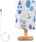 Blue Floral LED Table Lamp, Bedside Lamp with Linen Lampshade, Flicker-Free Eye Care USB Plug in Nightstand Lamp, for Bedroom and Office