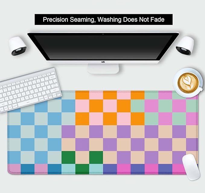 Colorful Checkered Desk Mat, Retro Purple Pink Blue Green XXL Large Mouse Pad, Aesthetic Big Computer Mouse Mat for Office, Rubber Base Mousepad Desk Pad with Stitched Edges, 35.4 x 15.7 in
