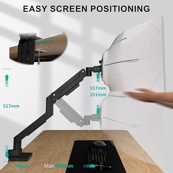 WALI Ultrawide Single Monitor Arm for 13-49 Inch Heavy Duty Curved Screens, up to 44 Lbs, Adjustable Gas Spring Single Monitor Desk Mount with C-Clamp, Grommet Base, 75/100mm VESA (GSM001XL), Black