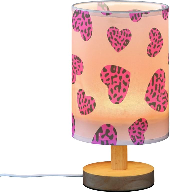Purple Leopard Heart LED Table Lamp, Bedside Lamp with Linen Lampshade, Flicker-Free Eye Care USB Plug in Nightstand Lamp, for Bedroom and Office