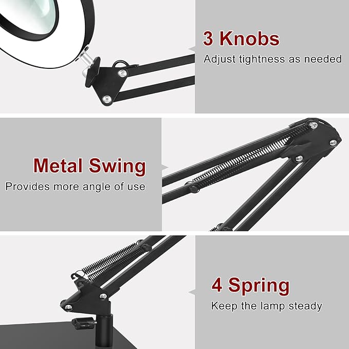 12X Magnifying Glass with Light, 5 Color Modes Stepless Dimmable Magnifier with Stand, LED Lighted Clamp Desk Lamp with Swing Arm, Hands Free for Reading Painting Crafts Close Work