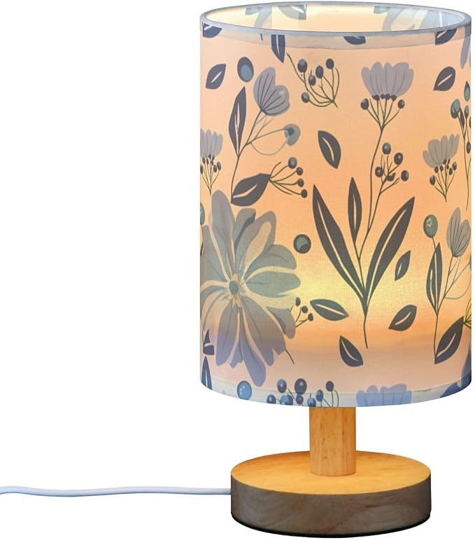 Blue Floral LED Table Lamp, Bedside Lamp with Linen Lampshade, Flicker-Free Eye Care USB Plug in Nightstand Lamp, for Bedroom and Office