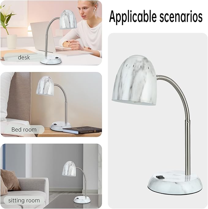 Eye-Caring Marble Table Lamp of Simple Designs Home E26Led Screw Basic Metal Desk Lamp with Flexible Gooseneck Hose Neck Study Lamp for Bedroom Office Living Room Convenient On/Off Switch