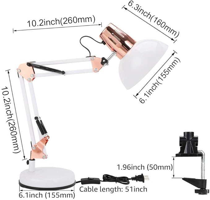 PowerKing Metal Swing Arm Desk Lamps, Adjustable and Flexible,Feading with Base and Clip 2-in-1 Function, Fit E26&E27 Bulbs Base, Application in Bedroom Living Room, Office Home (White+Rose Gold)