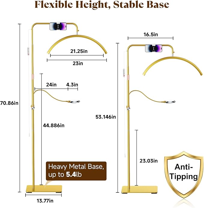 Half Moon Lash Light - Bling Diamond Lash Lamp with 4X Magnifier & Phone Holder, Adjustable Floor Lamp for Eyelash Extensions, Nail Art, Tattoo, Skincare, Dimmable Brightness, Rotating Head, Gold
