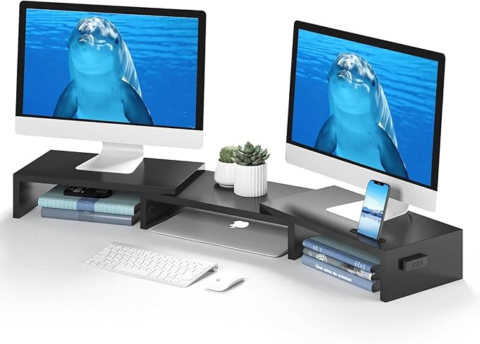 BONTEC Dual Monitor Stand Riser with Smartphone Holder, Adjustable Length & Swivel Angle, Ergonomic Wooden Desktop Organizer for PC Monitor, Laptop, Printer, Large Storage, Black