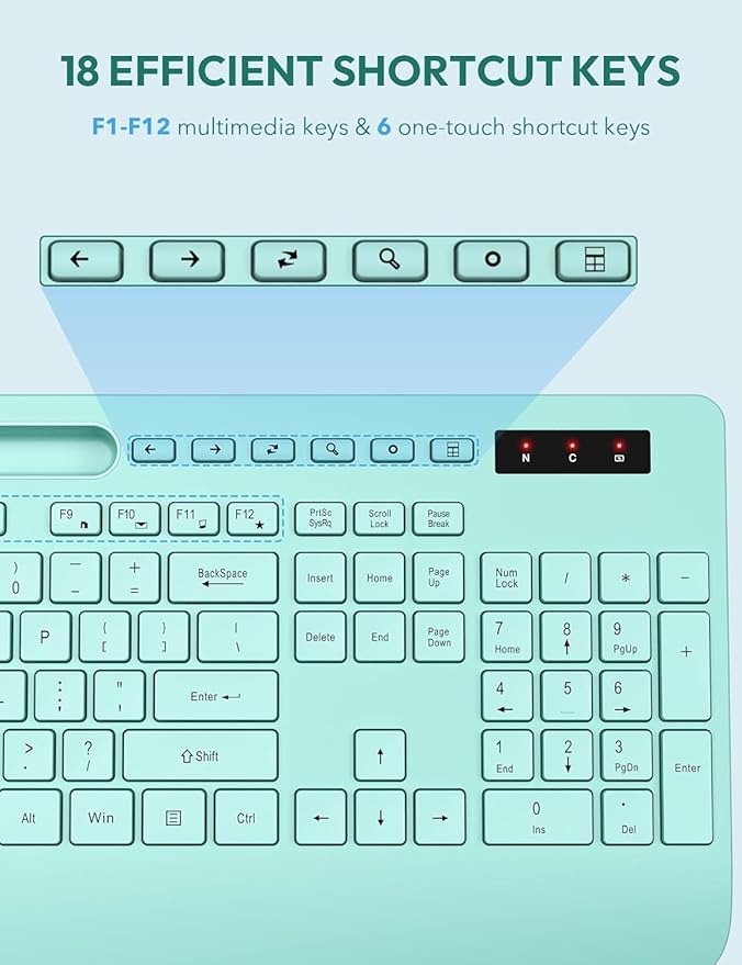 SABLUTE Wireless Keyboard and Mouse, Wrist Rest, Phone Holder, 2.4G Lag-Free Ergonomic Keyboards Mouse Combo, KM23D Silent Keyboards Set for PC, Laptop, Windows, Mint Green