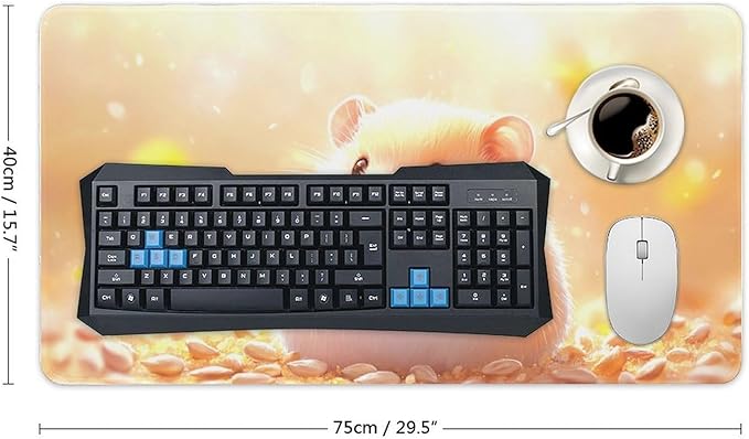 Large Ergonomic Gaming Mouse Pad Happy Hamster with Sunflower Seed - Cute Animal Theme with Non-Slip Base Water-Resistant Surface and Stitched Edges 40X75cm
