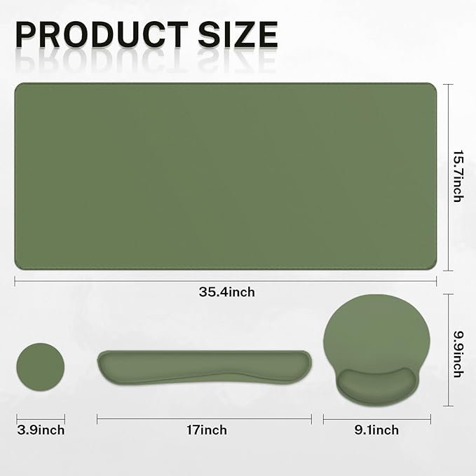 Britimes Olive Green Keyboard Mouse Pad Set 4in1 Large Mousepad+Keyboard Wrist Rest+Mouse Wrist Rest+Coaster Ergonomic Design for Home Office Computer 35.4x15.7Inches