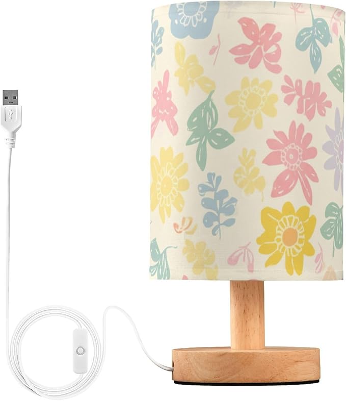 Pastel Floral LED Table Lamp, Bedside Lamp with Linen Lampshade, Flicker-Free Eye Care USB Plug in Nightstand Lamp, for Bedroom and Office