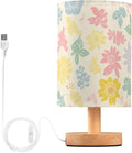 Pastel Floral LED Table Lamp, Bedside Lamp with Linen Lampshade, Flicker-Free Eye Care USB Plug in Nightstand Lamp, for Bedroom and Office