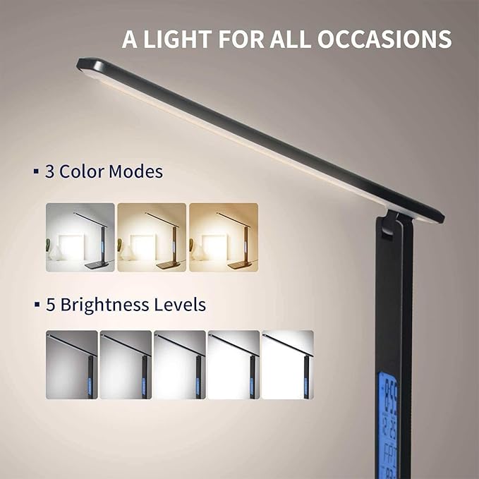 Smart Alarm Clock Lamp with Transparent Display,Wireless Charger Station,Dimmable Table Lamp with 3 Color Modes 5 Brightness,180° Flexible Desk Light for Bedroom,T26 White.