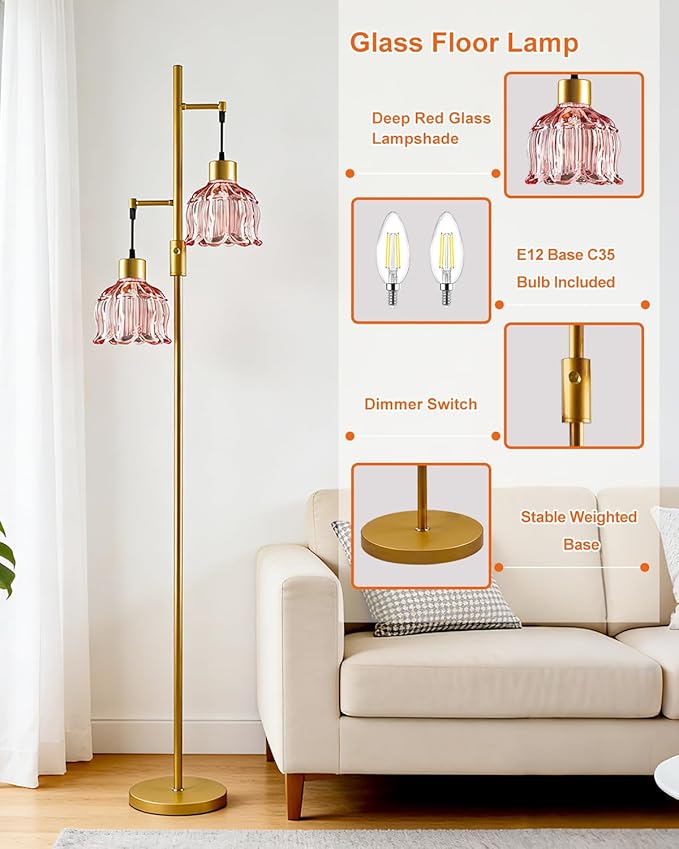 2-Light Gold Floor Lamp for Living Room, 65IN Tall Standing Lamps Dimmable with Rose Red Glass Lampshade, 3000K Warmwhite Mid Century Modern Floor Lamp for Bedroom/Office/Corner/Sofa Beside
