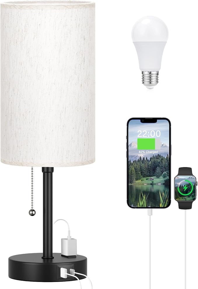 Pull Chain Table Lamp for Bedroom - 3 Color Temperatures, USB A + C Charging, AC Outlet, 17.4 inch Tall Bedside Lamp with E26 LED Bulb