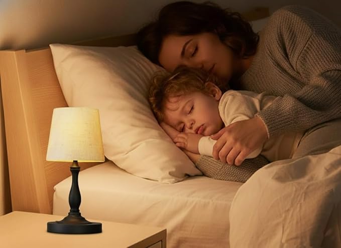 Cute Cordless Rechargeable Table Lamp with Linen Shade, 3 Color Temps LED Dimmable Ambient Lighting, Small Retro Touch Bedside Light for Decor, Metal Base.