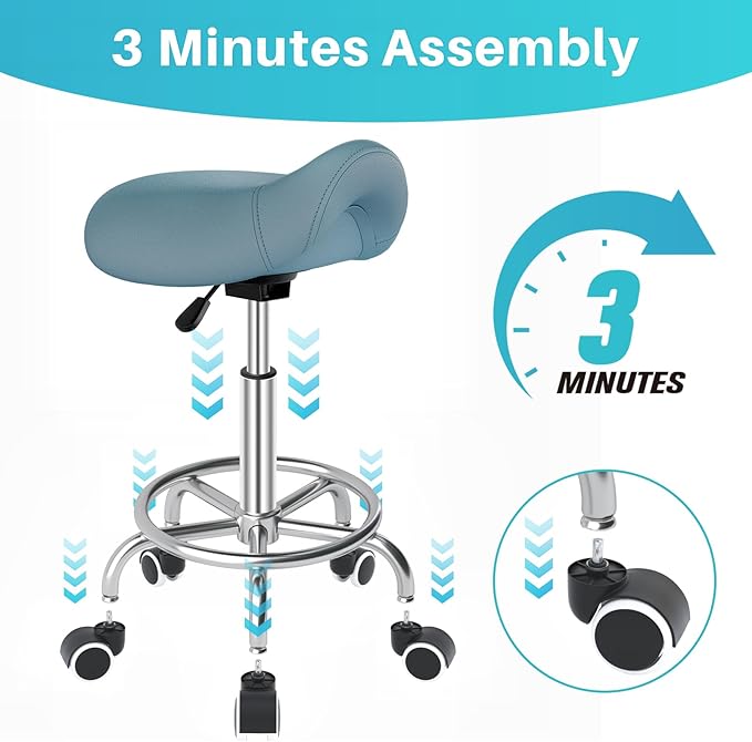 YEEZEE Saddle Stool Ergonomic- Comfortable Rolling Saddle Stool with Wide Thick Saddle Seat Padding, Swivel Adjustable Saddle Chair with Wheels and Ring Pedal for Medical Massage Salon (Blue)