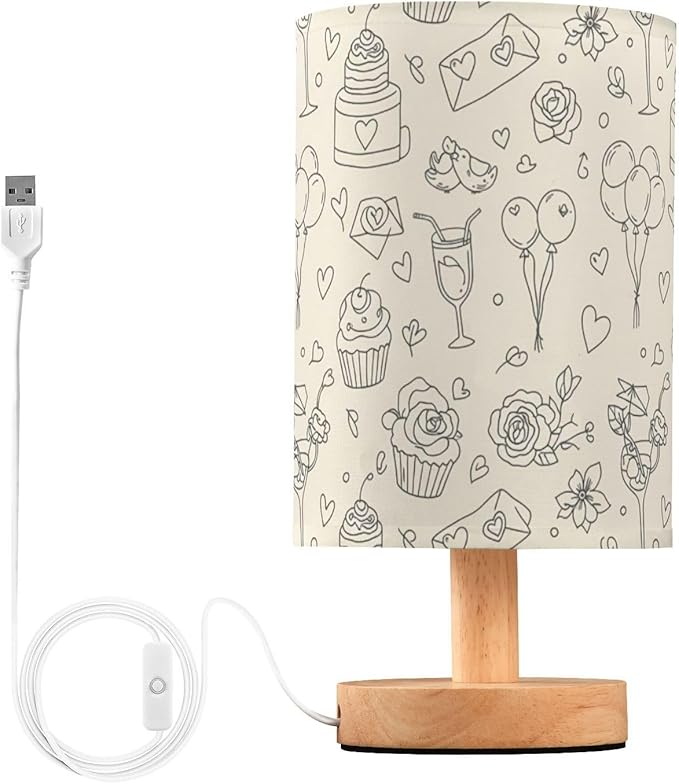 Beige Sketch LED Table Lamp, Bedside Lamp with Linen Lampshade, Flicker-Free Eye Care USB Plug in Nightstand Lamp, for Bedroom and Office