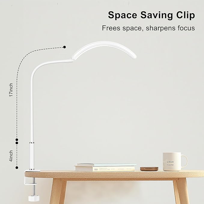 Professional Half Moon LED Desk Light for Nail Techs & Artists – Flexible Gooseneck Lamp with Clamp, 3 Color Modes & 5 Brightness Levels for Manicure, Tattoo, Beauty Work (White)