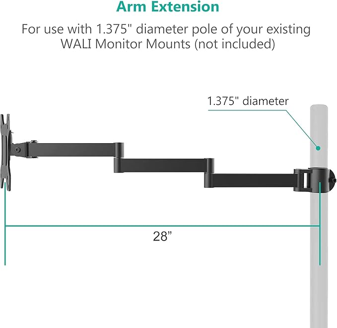 WALI Single Monitor Arm, Universal 3 Tier Arm Fully Adjustable Pole Mount Bracket for WALI Monitor Mounting System (001ARMXL), Black
