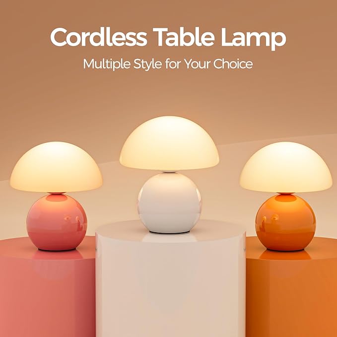 NIORSUN Wireless Mushroom Lamp,Table Lamp for Bedroom, Portables Cordless Lamps,Wireless lamp,Small Bedside Table Touch Lamps for Living Room,Mini Mushroom 5200mAh Battery Operated Lamp Modern (White)