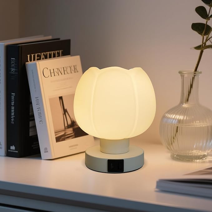 Touch Bedside Lamp with USB C+A Charging Ports,Tulip Flower Lamp with White Glass Lamp Shade, Warm LED Bulb, 3 Way Dimmable, Small Table Lamp for Bedroom Nightstand Living Room