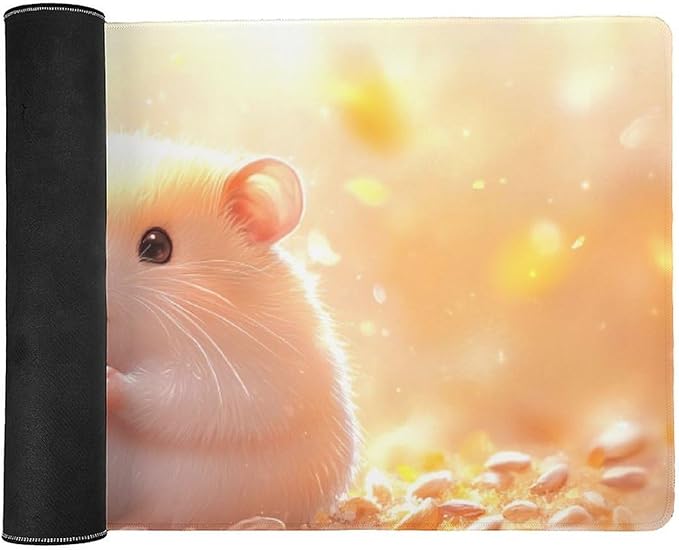 Large Ergonomic Gaming Mouse Pad Happy Hamster with Sunflower Seed - Cute Animal Theme with Non-Slip Base Water-Resistant Surface and Stitched Edges 40x90cm