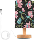 Pink Floral LED Table Lamp, Bedside Lamp with Linen Lampshade, Flicker-Free Eye Care USB Plug in Nightstand Lamp, for Bedroom and Office