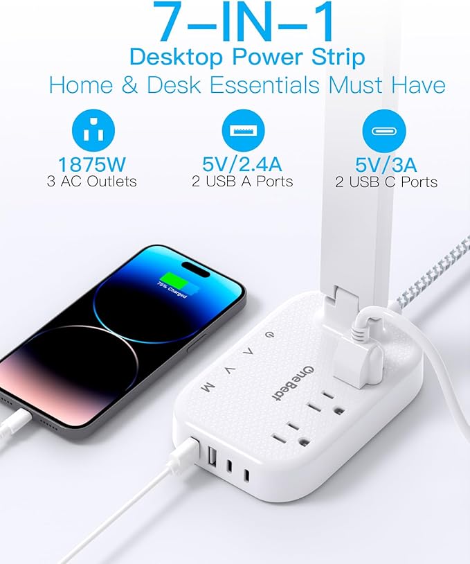 Power Strip with LED Desk Lamp, 10 Ft Extension Cord with 3 Outlets 4 USB Ports(2 USBC), 4 Modes 5 Level Touch Lamp Small Desk Lamps for Home Office College Dorm Room, Study Reading Light - BK
