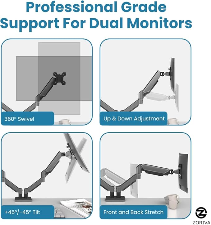 Dual Monitor Arm Full Motion Gas Spring Desk Mount for 13-34" Screens, Space-Saving VESA Stand for Gaming, Work, and Productivity