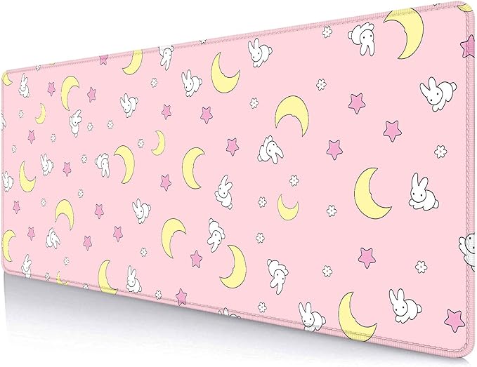 IMAYONDIA Pink Kawaii Desk Pad, Cute Moon Bunny Desk Mat Computer Pad Desktop,Laptop Protector Aesthetic Anime Mousepad Writing Pad for Office Home School,Large Gaming Mouse Pad Tarot Mat,31.5 X 11.8
