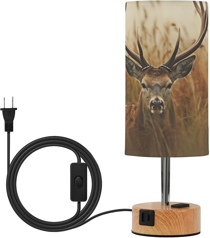 Touch Control Bedside Lamp with USB Ports, 3 Way Dimmable Table Lamp with Linen Shade, Modern Nightstand Lamp for Bedroom, Living Room, Office (Antler Deer)