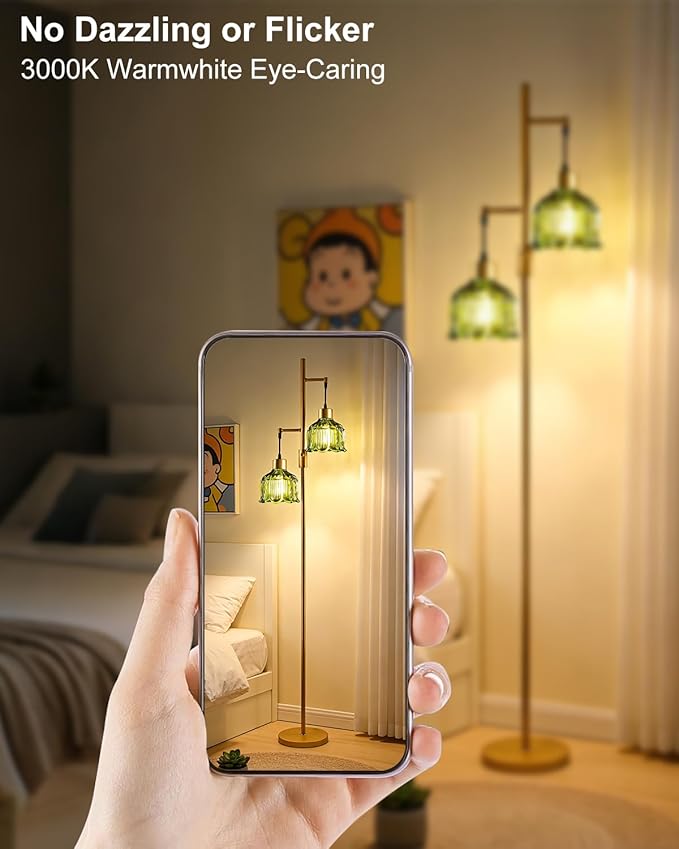 2-Light Gold Floor Lamp for Living Room, 65IN Tall Standing Lamps Dimmable with Green Glass Lampshade, 3000K Warmwhite Mid Century Modern Floor Lamp for Bedroom/Office/Corner/Sofa Beside